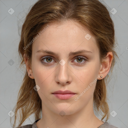 Neutral white young-adult female with medium  brown hair and brown eyes