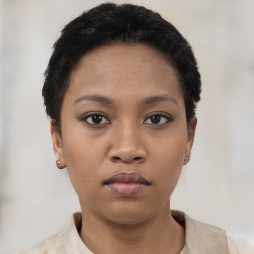 Neutral latino young-adult female with short  black hair and brown eyes