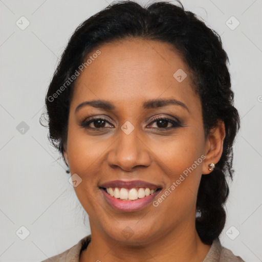 Joyful latino young-adult female with medium  black hair and brown eyes