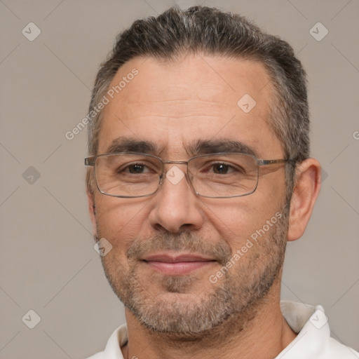 Joyful white middle-aged male with short  brown hair and brown eyes