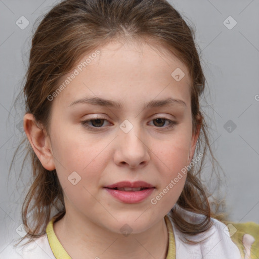 Joyful white child female with medium  brown hair and brown eyes