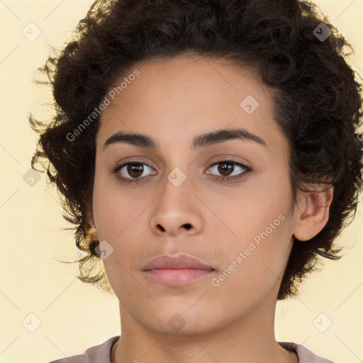 Neutral white young-adult female with short  brown hair and brown eyes