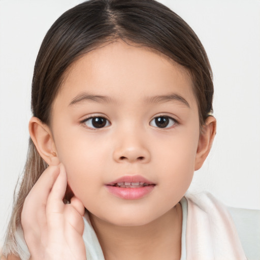 Neutral white child female with long  brown hair and brown eyes