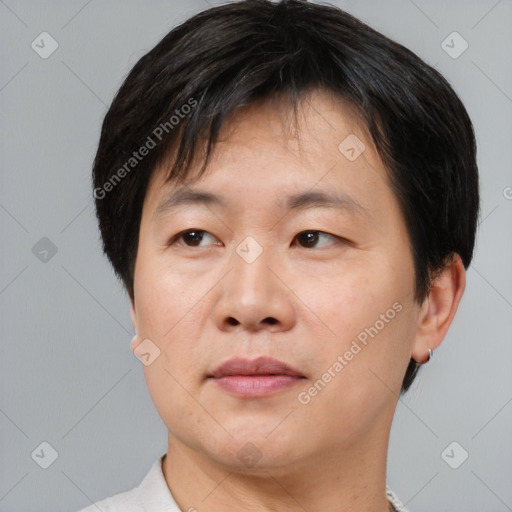 Neutral asian adult male with short  brown hair and brown eyes