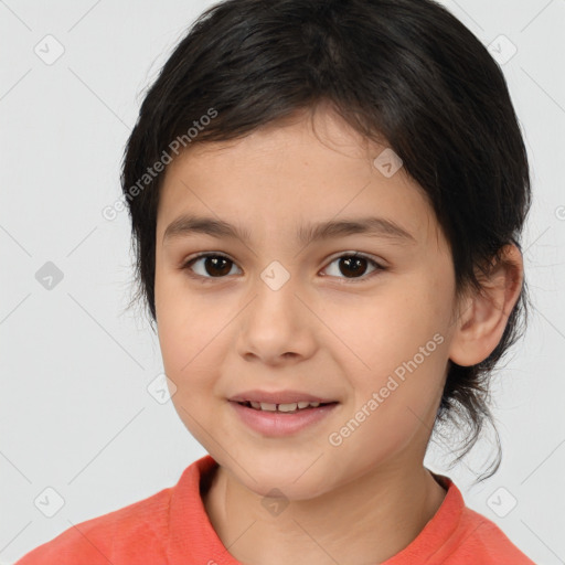 Joyful white child female with medium  brown hair and brown eyes