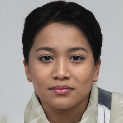 Neutral asian young-adult female with short  black hair and brown eyes