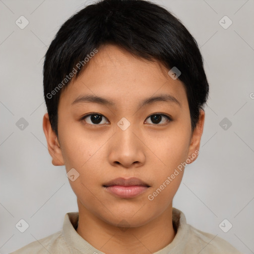 Neutral asian young-adult female with short  black hair and brown eyes