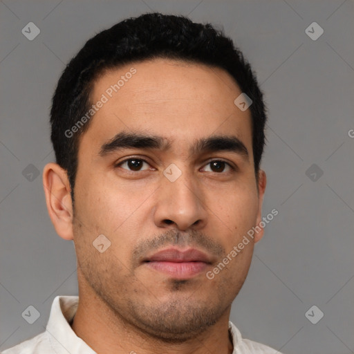 Neutral latino young-adult male with short  brown hair and brown eyes