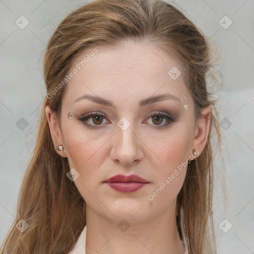 Joyful white young-adult female with long  brown hair and grey eyes