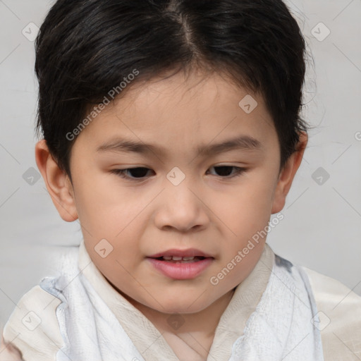 Joyful white child female with short  brown hair and brown eyes