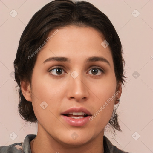 Joyful white young-adult female with medium  brown hair and brown eyes