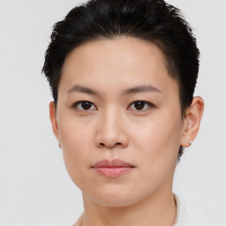 Neutral asian young-adult female with short  brown hair and brown eyes