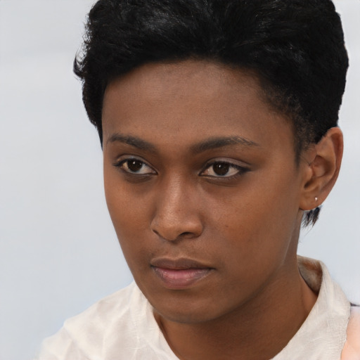Neutral black young-adult female with short  black hair and brown eyes