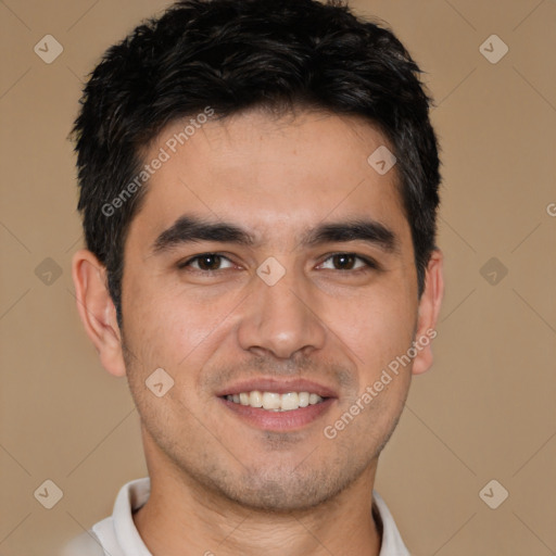 Joyful white young-adult male with short  black hair and brown eyes