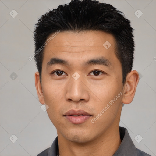 Neutral asian young-adult male with short  black hair and brown eyes