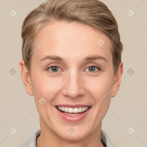 Joyful white young-adult female with short  brown hair and grey eyes