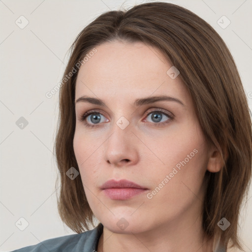 Neutral white young-adult female with long  brown hair and grey eyes