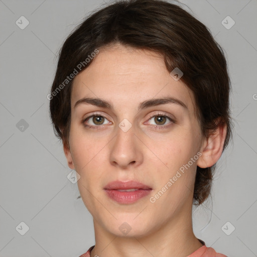 Neutral white young-adult female with medium  brown hair and green eyes