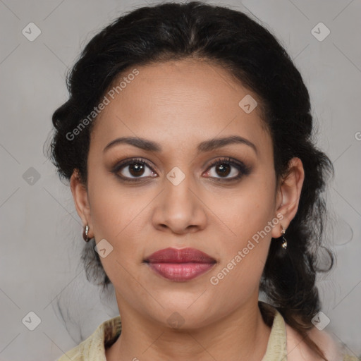 Joyful latino young-adult female with medium  brown hair and brown eyes