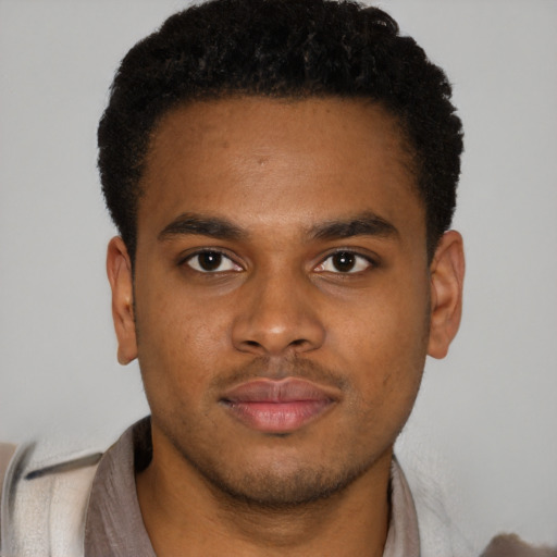Joyful latino young-adult male with short  brown hair and brown eyes