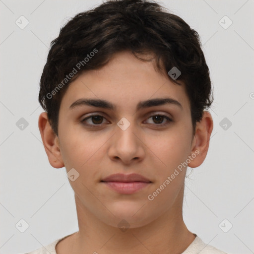 Joyful white young-adult female with short  brown hair and brown eyes