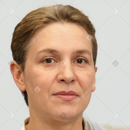 Joyful white adult female with short  brown hair and brown eyes