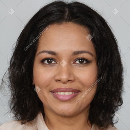 Joyful black young-adult female with medium  brown hair and brown eyes