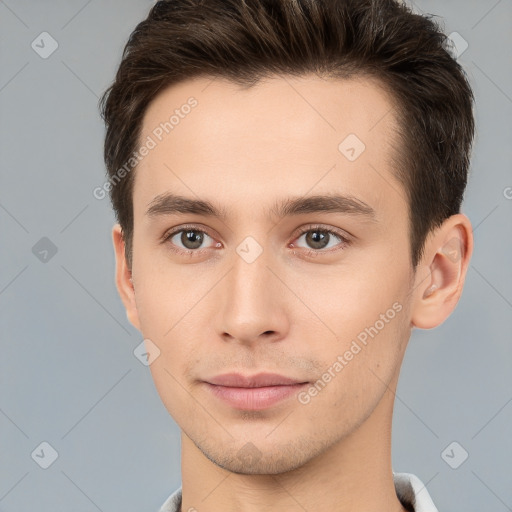 Neutral white young-adult male with short  brown hair and brown eyes