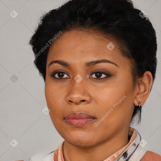 Joyful latino young-adult female with short  brown hair and brown eyes