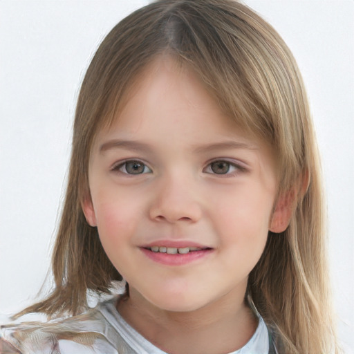 Joyful white child female with medium  brown hair and grey eyes