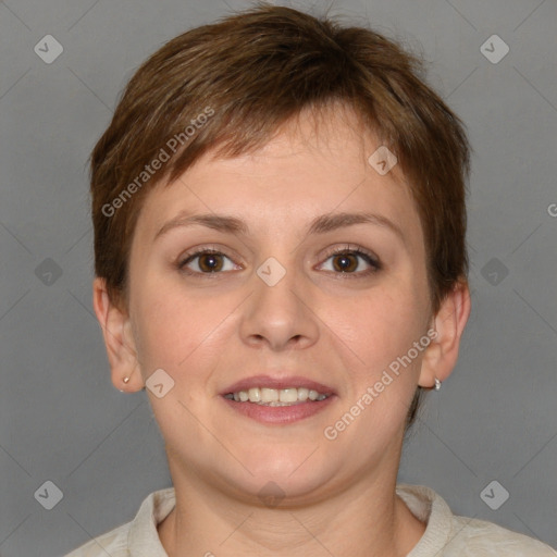 Joyful white young-adult female with short  brown hair and grey eyes