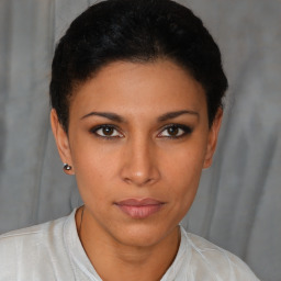 Neutral latino young-adult female with short  brown hair and brown eyes