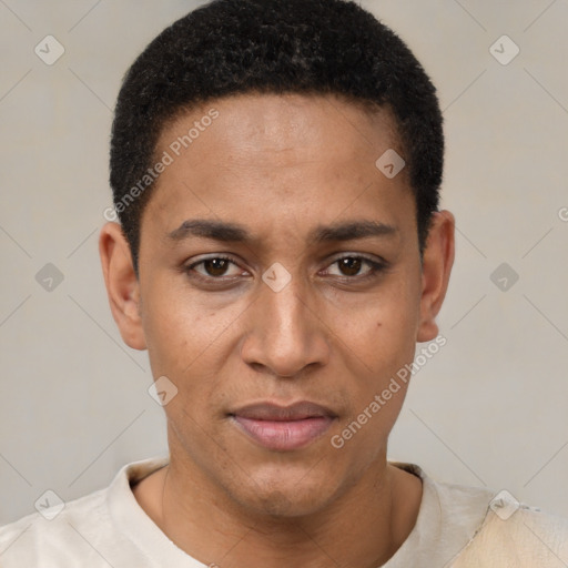 Joyful black young-adult male with short  black hair and brown eyes