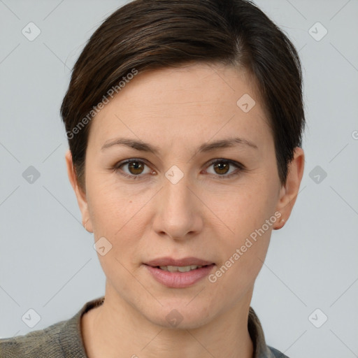 Joyful white young-adult female with short  brown hair and brown eyes