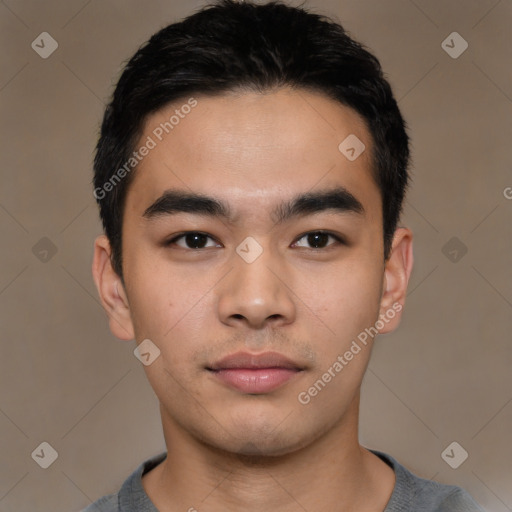 Neutral asian young-adult male with short  black hair and brown eyes