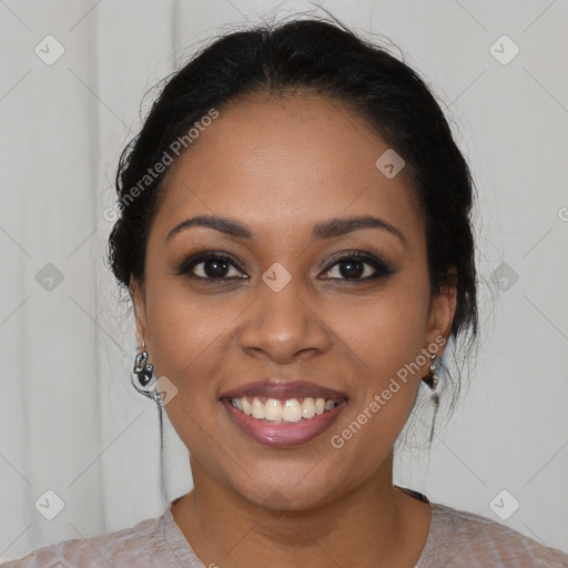 Joyful latino young-adult female with medium  brown hair and brown eyes