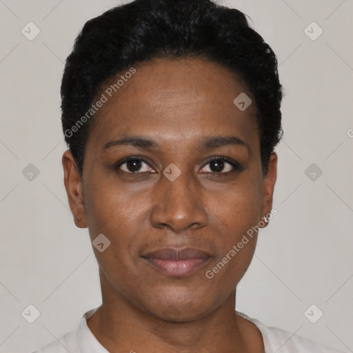 Neutral black young-adult female with short  black hair and brown eyes