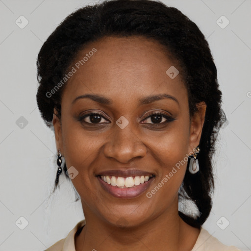 Joyful black young-adult female with medium  black hair and brown eyes