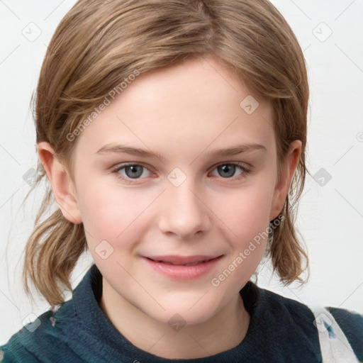 Joyful white child female with medium  brown hair and blue eyes