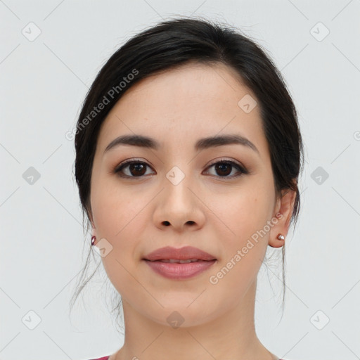 Joyful asian young-adult female with medium  black hair and brown eyes