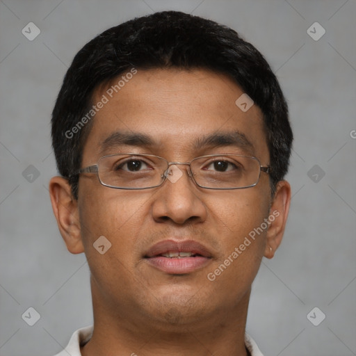 Joyful asian young-adult male with short  black hair and brown eyes
