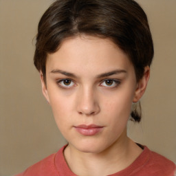 Neutral white young-adult female with short  brown hair and brown eyes