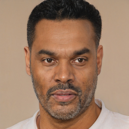 Neutral latino adult male with short  black hair and brown eyes
