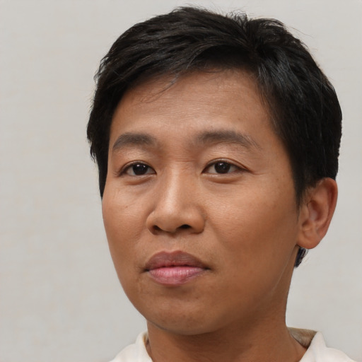 Neutral asian adult male with short  brown hair and brown eyes