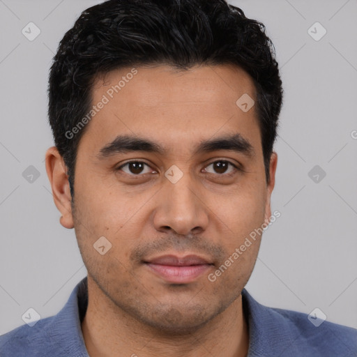 Neutral latino young-adult male with short  black hair and brown eyes