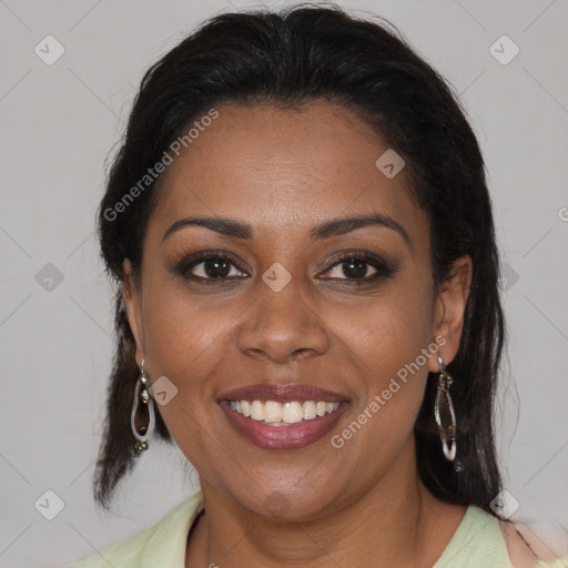 Joyful black young-adult female with medium  brown hair and brown eyes