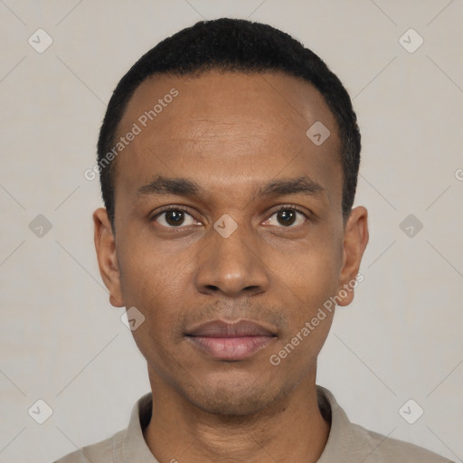 Neutral black young-adult male with short  black hair and brown eyes