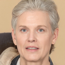 Neutral white adult female with medium  blond hair and grey eyes