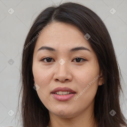 Joyful white young-adult female with long  brown hair and brown eyes