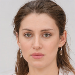 Neutral white young-adult female with medium  brown hair and brown eyes